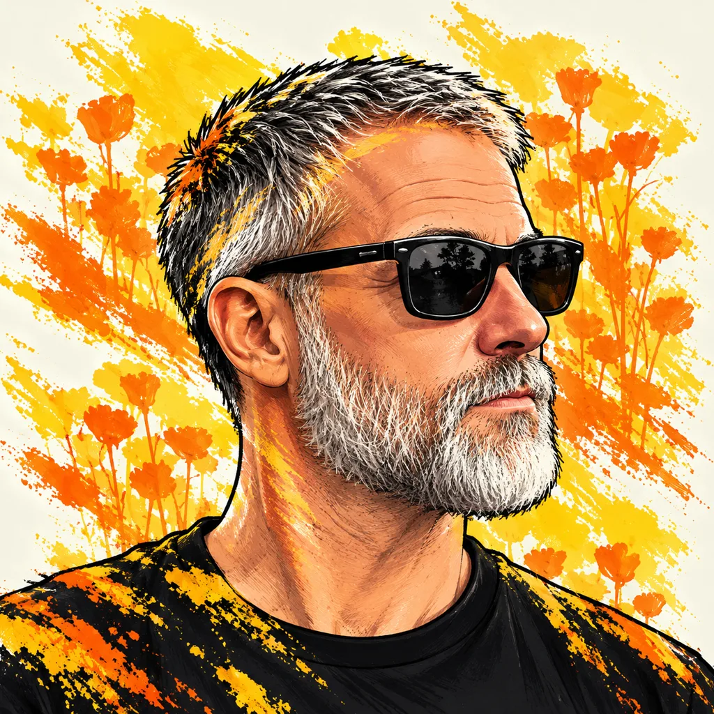 Illustrated portrait of Zach Schneider in sunglasses among orange and yellow flowers